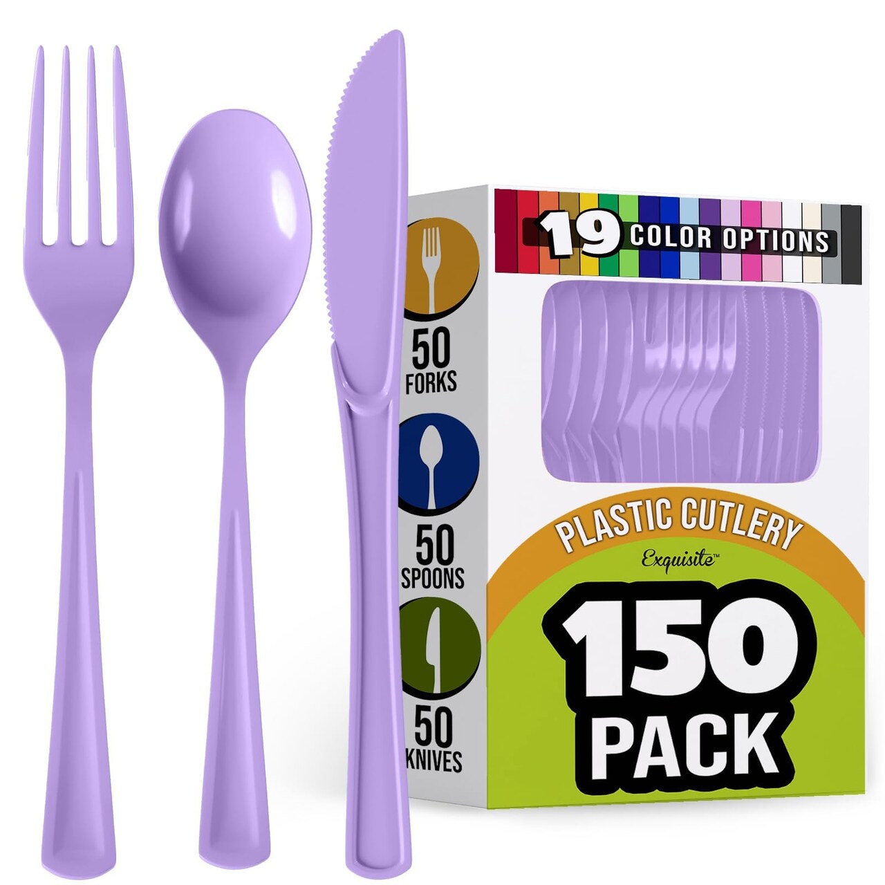 Exquisite Polished Plastic Silverware – 150 Pcs Heavy Duty Cutlery Set – 50 Each of Forks, Knives & Spoons – Disposable Utensil Set for Parties, Events & Catering – Flatware Set by Party Solids
